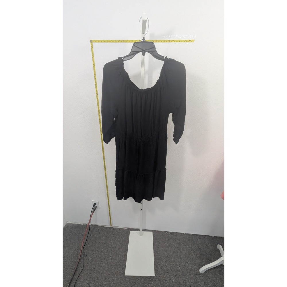 NY Collection Black Smocked Waist Peasant Dress Petite Large‎ PL Tiered Ruffle